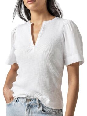 Lilla P Woven Sleeve Split Neck Top Size Small